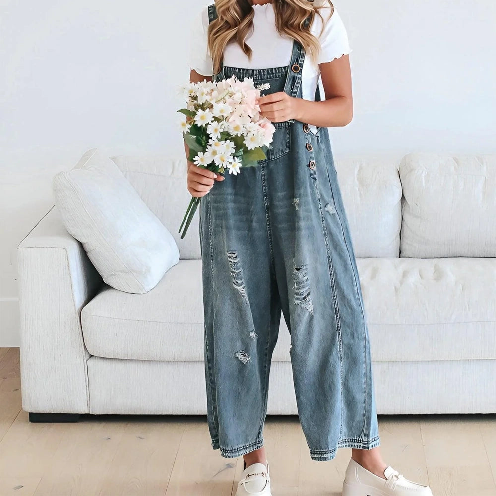 Woman Denim Loose Fit Wide-Leg Overalls