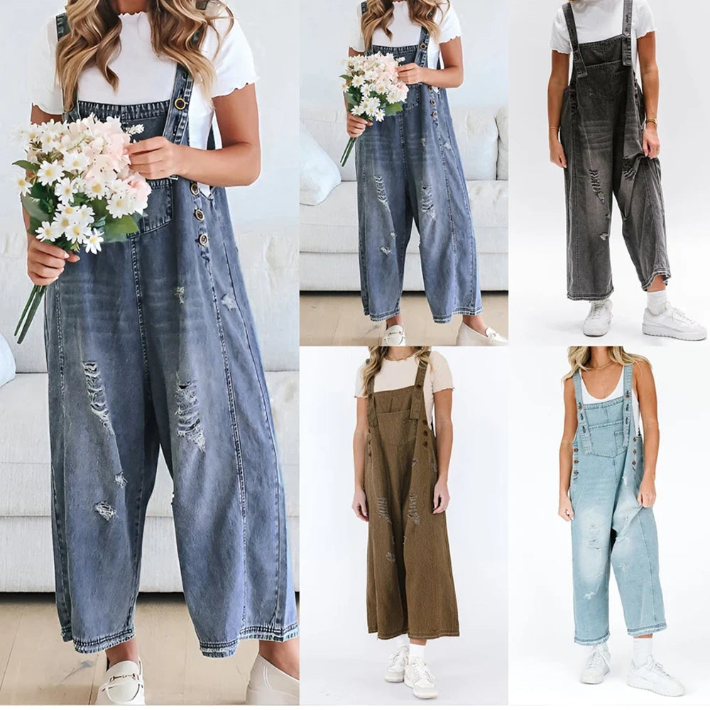 Woman Denim Loose Fit Wide-Leg Overalls