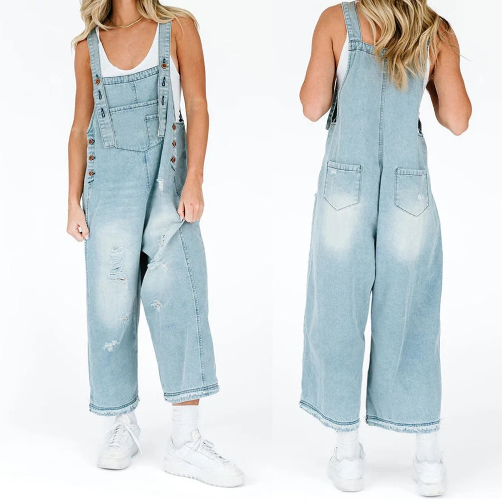 Woman Denim Loose Fit Wide-Leg Overalls