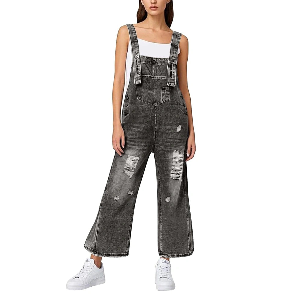 Woman Denim Loose Fit Wide-Leg Overalls