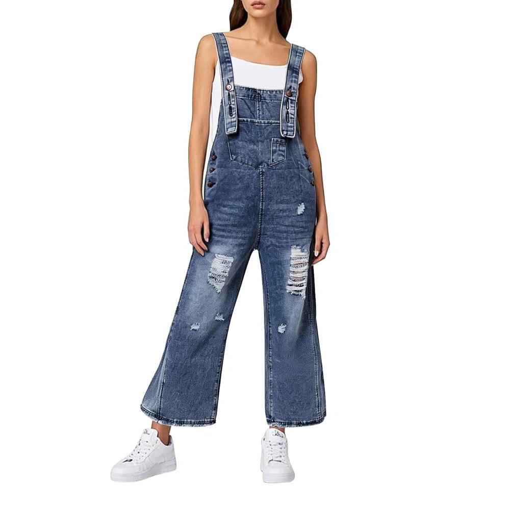 Woman Denim Loose Fit Wide-Leg Overalls